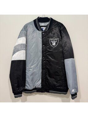 Starter Los Angeles Raiders NFL Satin Bomber Jacket Silver Black Split Size XL